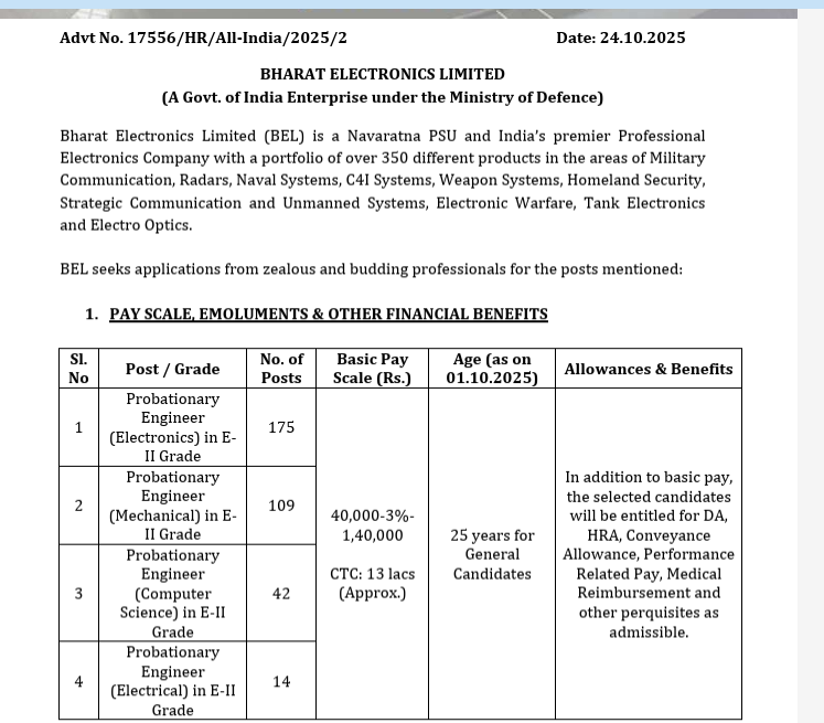 bel india probationary engineer exam date 2025